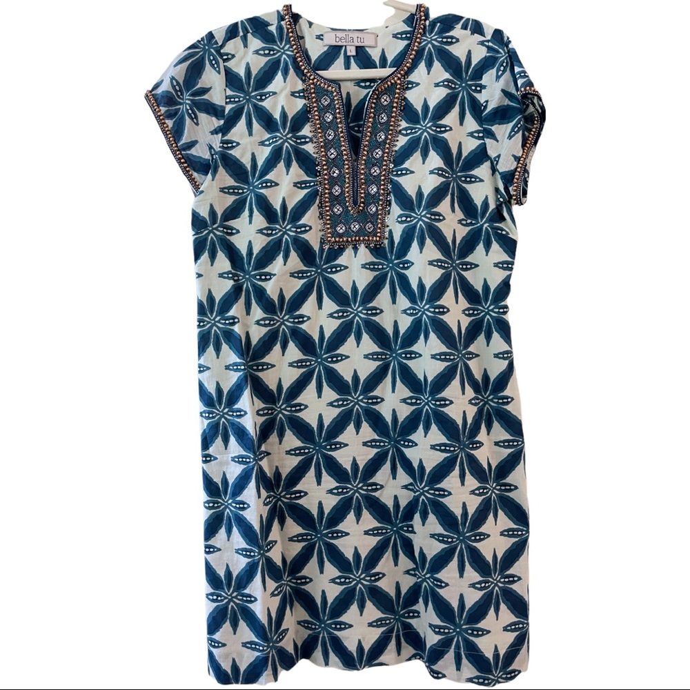 Bella Tu Cap Sleeve beaded cotton dress, size L